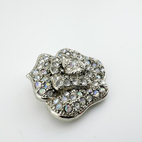 Vintage Silver Rose Brooch Aurora Borealis Rhinestone Flower Pin - Picture 1 of 7